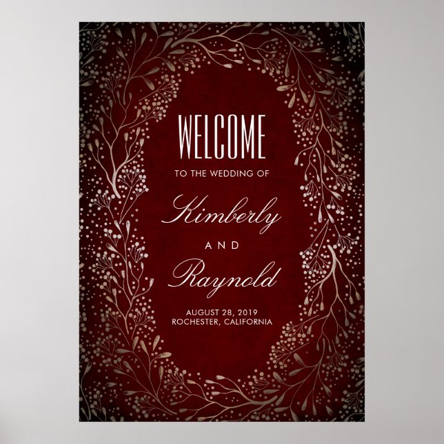 Poster Sinal de Boas-vindas Burgundy e Dourado Casamento  (Frente)