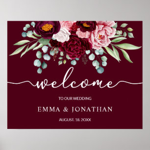 Poster Sinal de Boas-Vindas Burgundy Marsala Floral