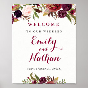 Poster Sinal de boas-vindas Burgundy Red Floral Fall