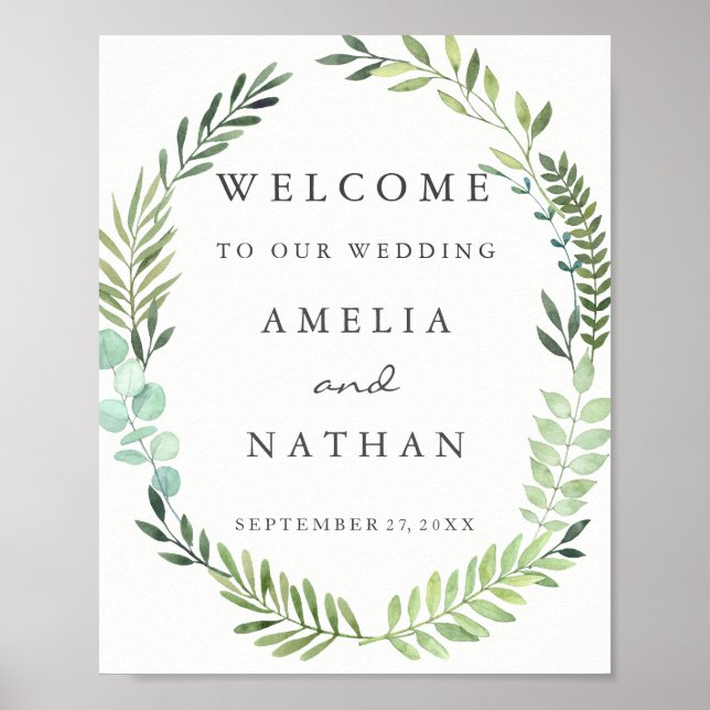 Poster Sinal de Boas-Vindas Casamento Aquarela Coroa de F (Frente)