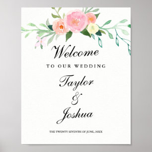 Pôster Sinal de Boas-Vindas Casamento Aquarela Flor Silve