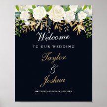 Sinal de Boas-Vindas Casamento Azul Floral Dourado