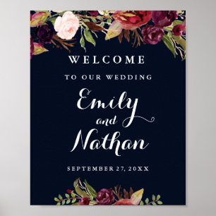 Pôster Sinal de Boas-Vindas Casamento Burgundy Navy Flora