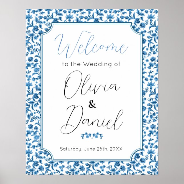 Poster Sinal de boas-vindas Casamento Chintz Blue Floral  (Frente)