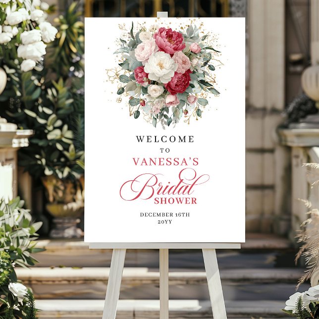 Poster Sinal de Boas-Vindas com Flora Elegante de Borgonh (Elegant Burgundy Floral Greenery Welcome Sign)