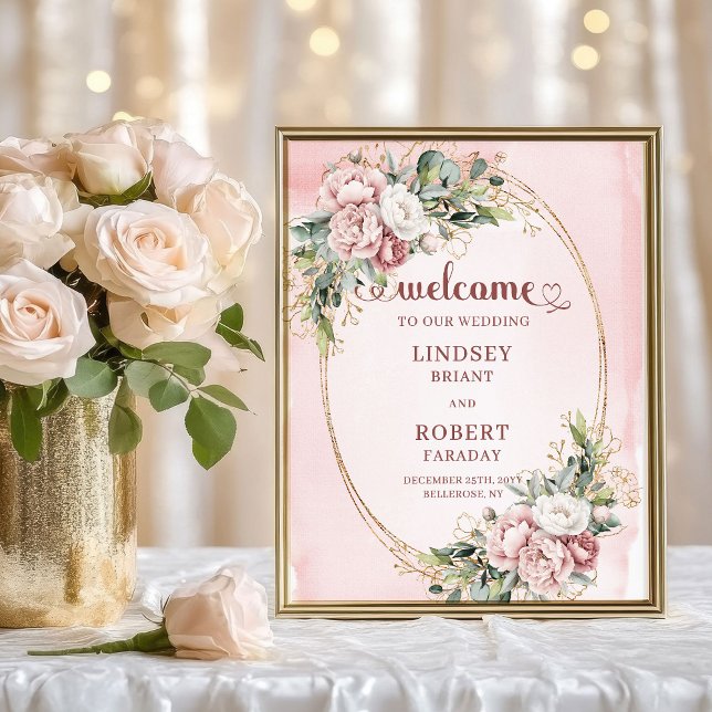 Poster Sinal de Boas-Vindas com Flores Rosa Poeira Dourad (Romantic Blush Floral Greenery Gold Wedding Welcome)