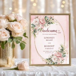 Poster Sinal de Boas-Vindas com Flores Rosa Poeira Dourad