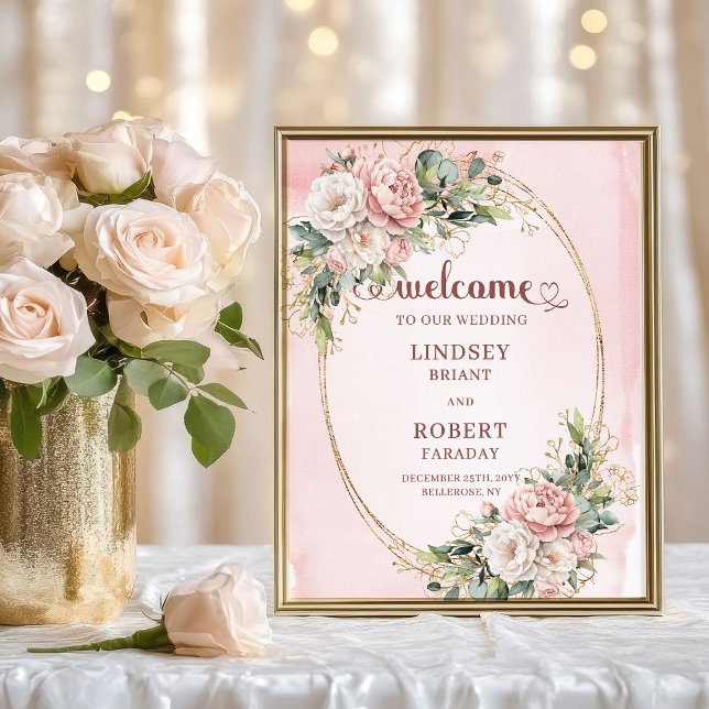 Poster Sinal de Boas-Vindas com Flores Rosa Poeira Dourad (Boho Dusty Pink Flowers Gold Glitter Welcome Sign)