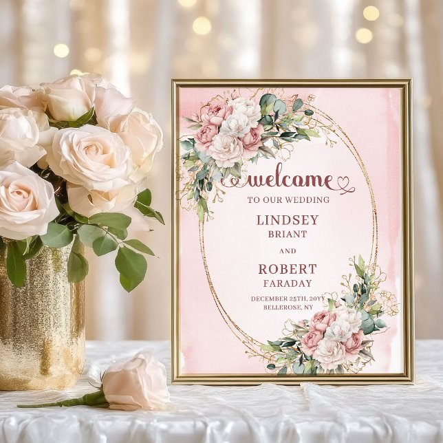 Poster Sinal de Boas-Vindas com Glitter Dourado e Floral  (Modern Dusty Pink Floral Gold Glitter Welcome Sign)