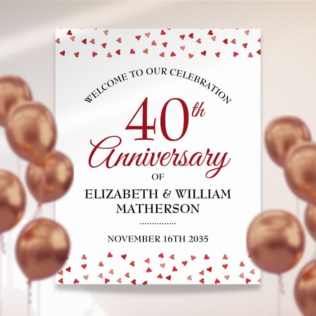 Poster Sinal de Boas-Vindas Corações Ruby de 40º Aniversá (40th Anniversary Ruby Love Hearts Welcome Sign)