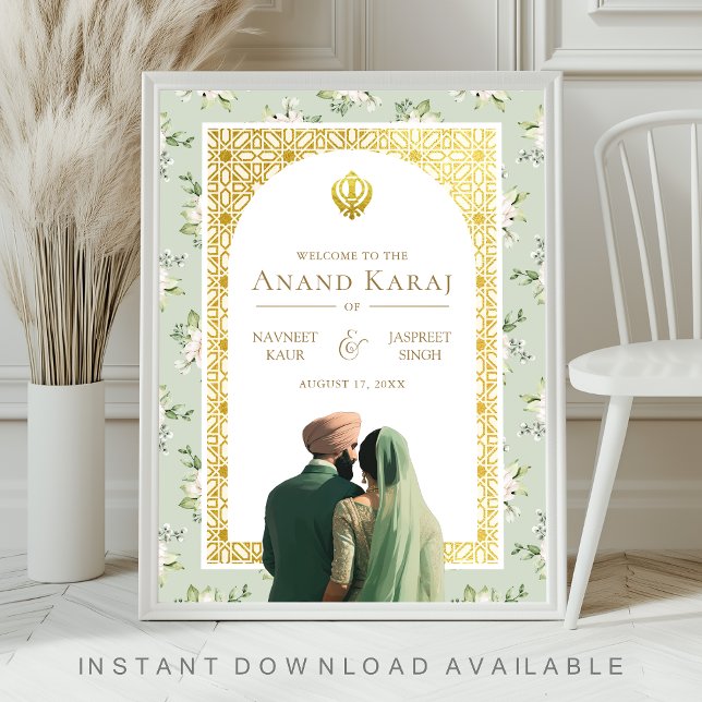 Poster Sinal de Boas-vindas da Anand Karaj Sikh Floral Ve (Criador carregado)