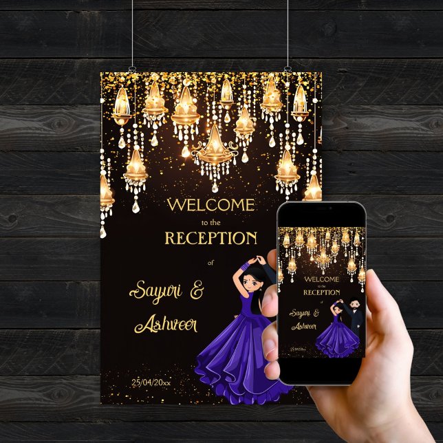 Poster Sinal de boas-vindas da casal indiana dançante (Dancing Indian couple chic glamour reception editable template welcome sign poster digital download)