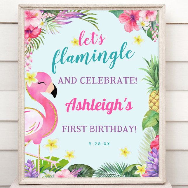 Poster Sinal de boas-vindas da Festa de aniversário Summe (Summer Flamingo Birthday Party Welcome Sign)