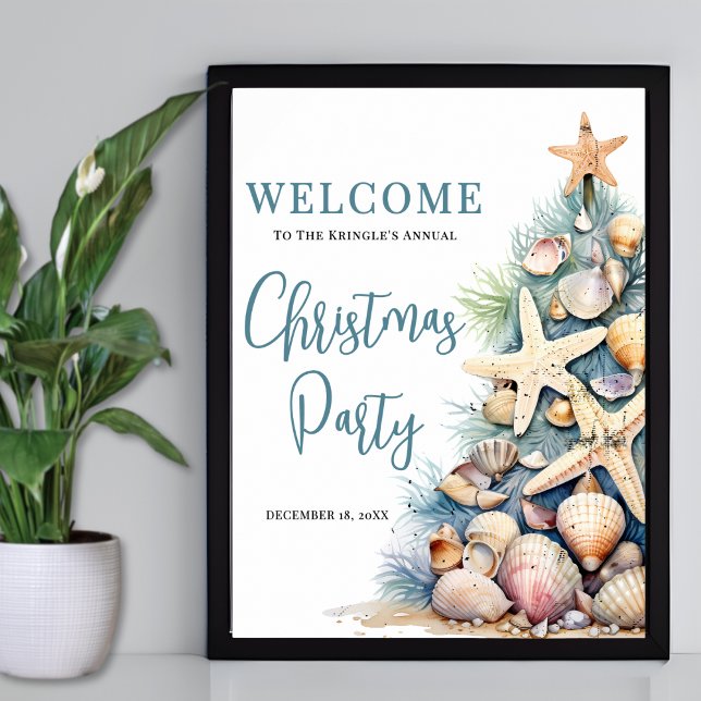 Poster Sinal de Boas-vindas da Festa de Natal de Praia El (Elegant Beach Christmas Party Welcome Sign )
