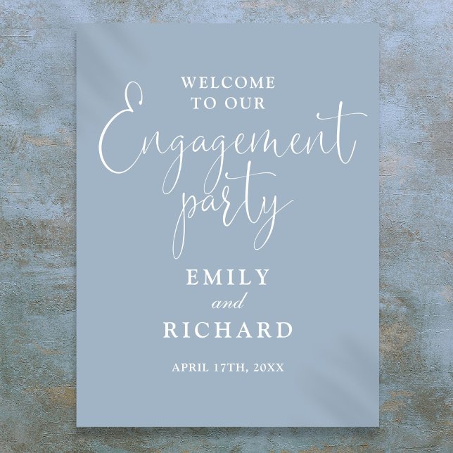 Poster Sinal de boas-vindas da Festa de noivado azul Dust (Dusty Blue Engagement Party Welcome Sign)
