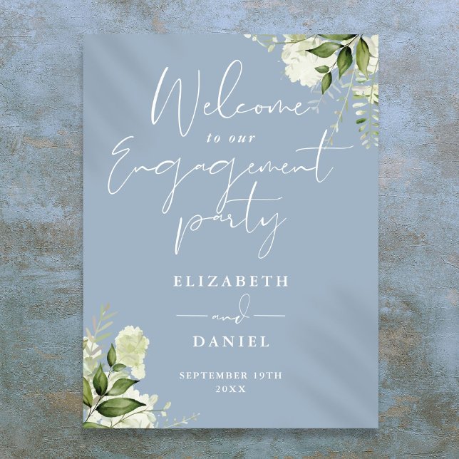 Poster Sinal de boas-vindas da Festa de noivado azul flor (Floral Dusty Blue Engagement Party Welcome Sign)