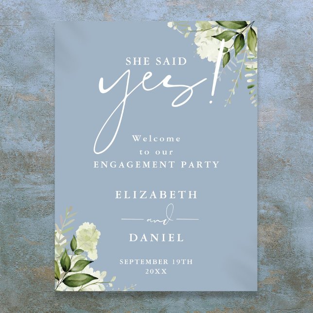 Poster Sinal de boas-vindas da Festa de noivado azul flor (Floral Dusty Blue Engagement Party Welcome Sign)