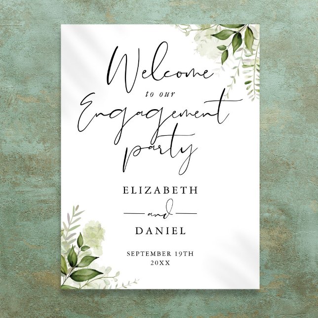 Poster Sinal de Boas-vindas da Festa de noivado Floral Gr (Floral Greenery Engagement Party Welcome Sign)