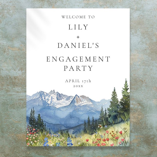 Poster Sinal de boas-vindas da Festa de noivado Watercolo (Watercolor Mountain Engagement Party Welcome Sign)