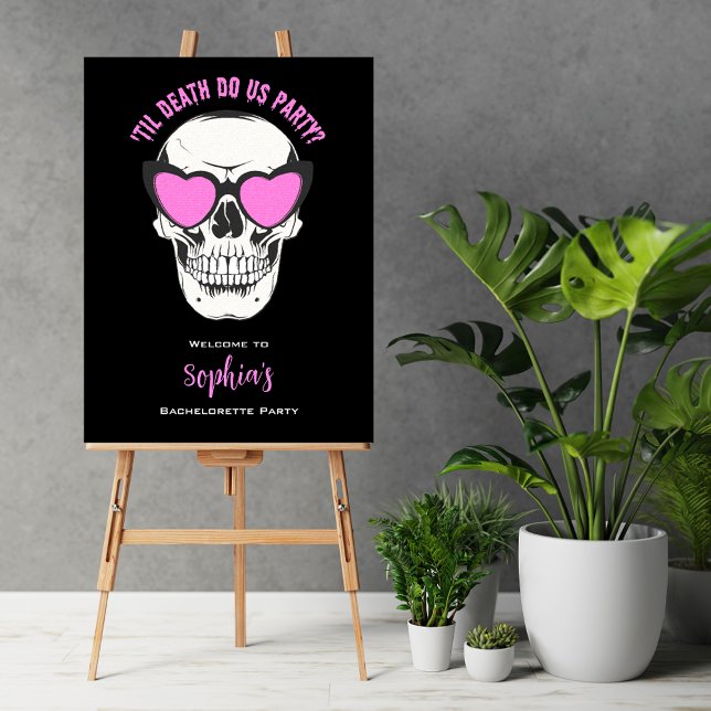 Poster Sinal de boas-vindas da Festa de solteira do crâni (Black and pink skull bachelorette party welcome sign.)