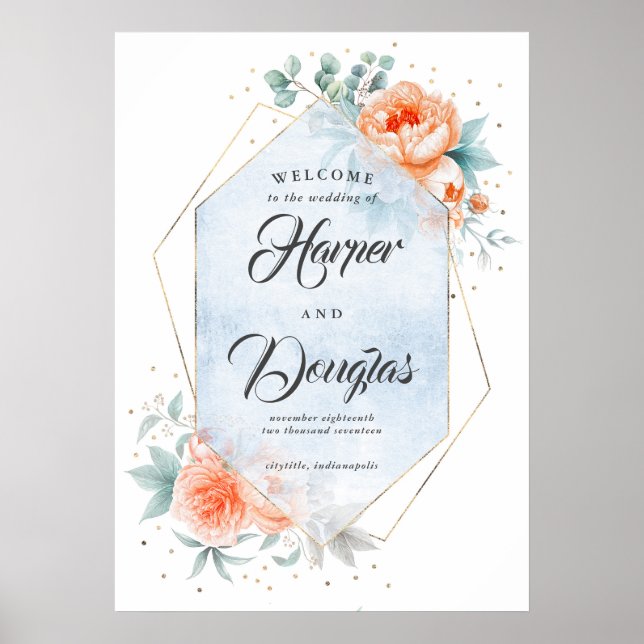 Poster Sinal de Boas-vindas da Flora Azul Coral Dusty (Frente)