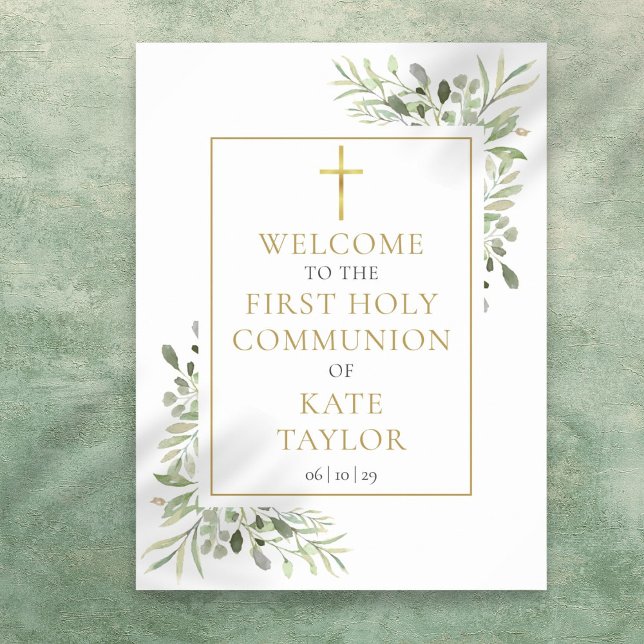 Poster Sinal de Boas-Vindas da Primeira Comunhão com Verd (Greenery First Holy Communion Welcome Sign)