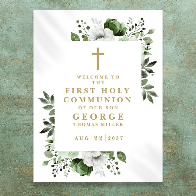 Poster Sinal de Boas-vindas da Primeira Comunhão Verde (Green Floral First Holy Communion Welcome Sign)