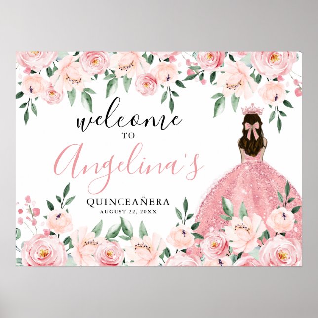 Poster Sinal de boas-vindas da Quinceañera cor-de-rosa (Frente)