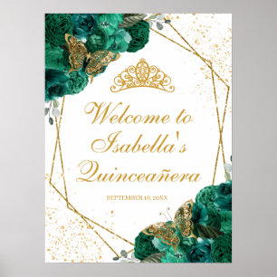 Poster Sinal de Boas-vindas da Quinceanera Floral Emerald
