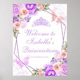 Poster Sinal de boas-vindas da Quinceanera Floral Rosa e 