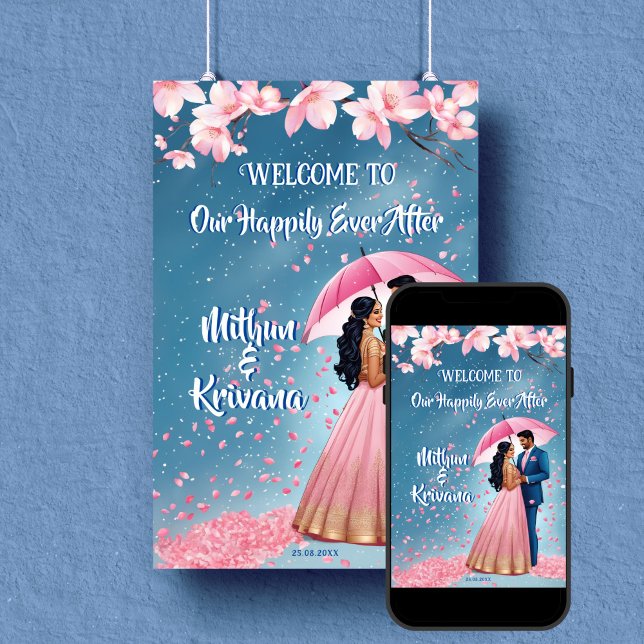 Poster Sinal de boas-vindas da recepção de casamento do s (South Indian wedding reception welcome sign poster editable template digital download couple cartoon)