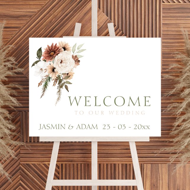 Poster Sinal de Boas-vindas da Rússia Pêssego Terracotta  (Elegant Peach Green Floral Wedding Welcome Sign)