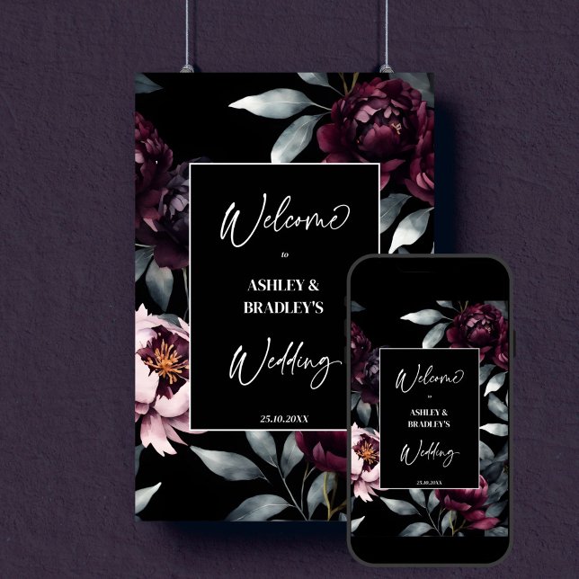Poster Sinal de boas-vindas das flores de lama escura (Dark moody burgundy peony flowers editable template welcome sign digital download black noir wedding)