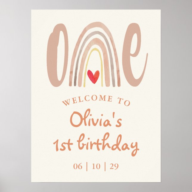 Poster Sinal de Boas-Vindas de 1º Aniversário Boho Rainbo (Frente)
