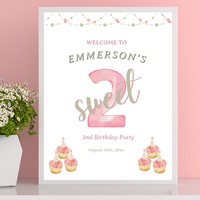 Poster Sinal de Boas-Vindas de 2º Aniversário Two Sweet C (Two Sweet Cupcake 2nd Birthday Welcome Sign
)