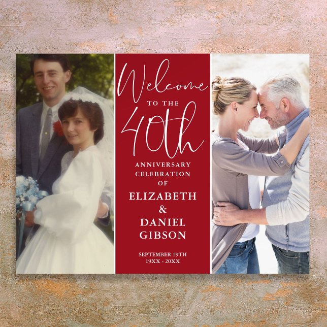 Poster Sinal de Boas-Vindas de 40º Aniversário Then And N (Then And Now 2 Photo 40th Anniversary Welcome Sign)