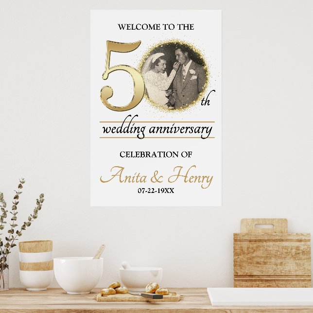 Poster Sinal de boas-vindas de 50º aniversário com foto (Cozinha)