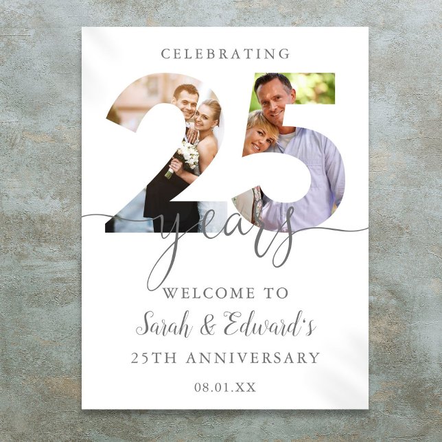 Poster Sinal de Boas-Vindas de Aniversário de 25 Anos de  (25th Wedding Anniversary 2 Photo Welcome Sign)