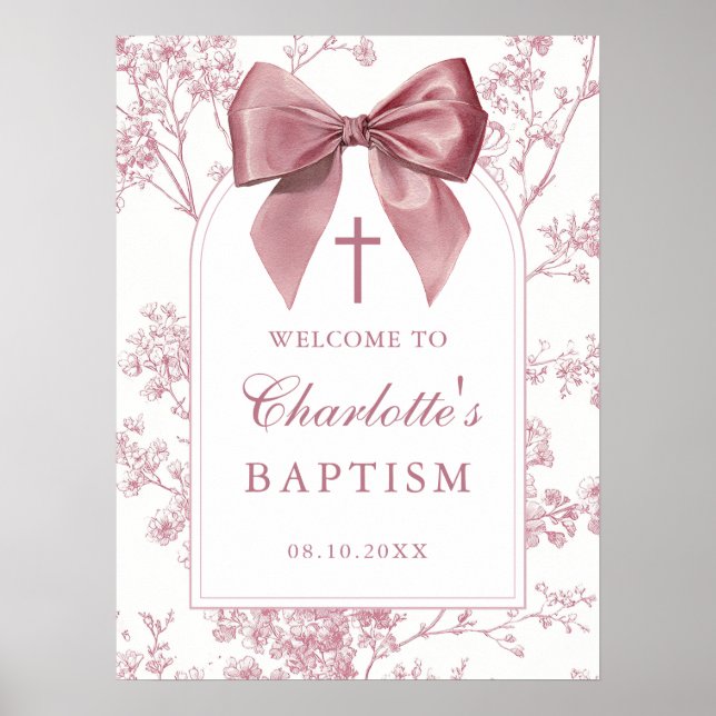 Poster Sinal de Boas-Vindas de Batismo Floral com Laço Ro (Frente)