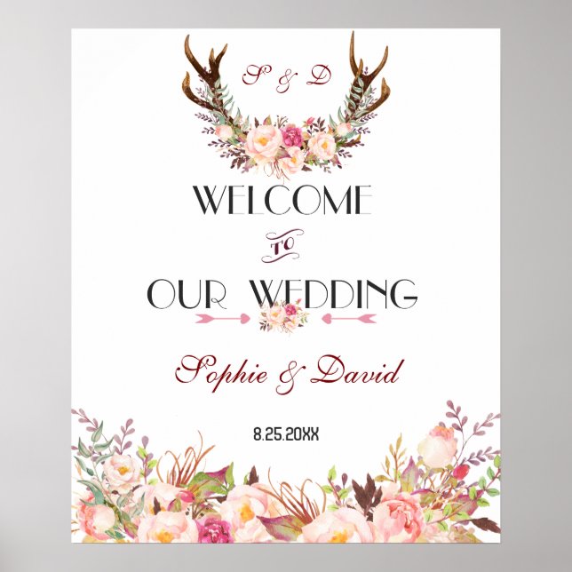 Poster Sinal de Boas-Vindas de Caça com Floral Rosa (Frente)
