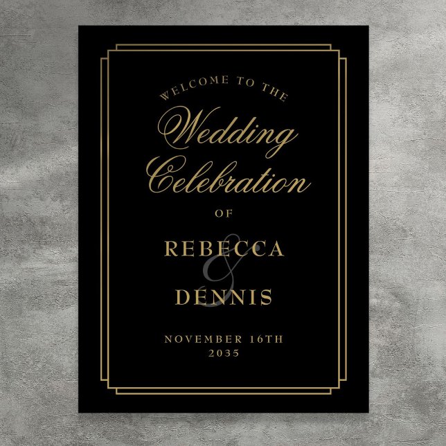 Poster Sinal de Boas-Vindas de Casamento Art Déco Preto e (Black And Gold Art Deco Wedding Welcome Sign)