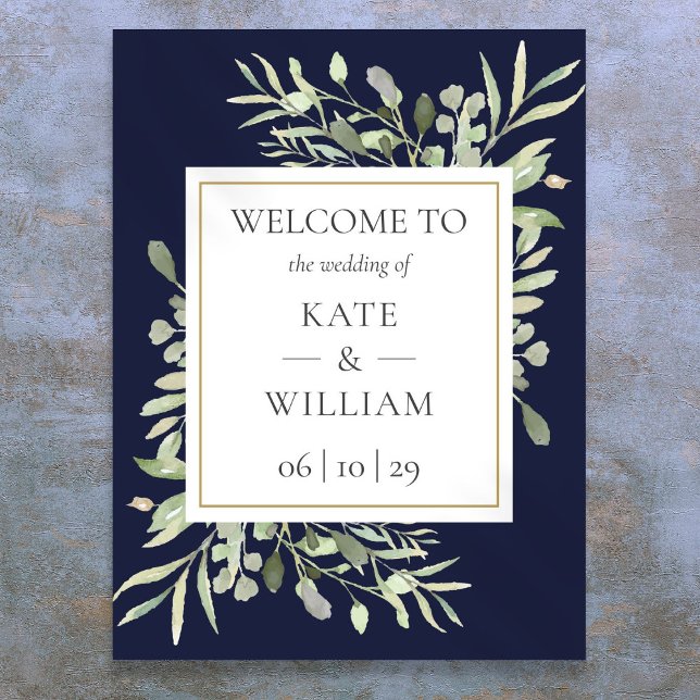 Poster Sinal de Boas-Vindas de Casamento Azul Marinho com (Greenery Navy Blue Wedding Welcome Sign)