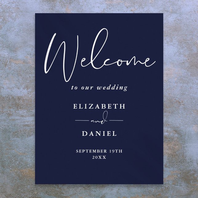 Poster Sinal de Boas-Vindas de Casamento Azul-Marinho Mod (Elegant Modern Navy Blue Wedding Welcome Sign)