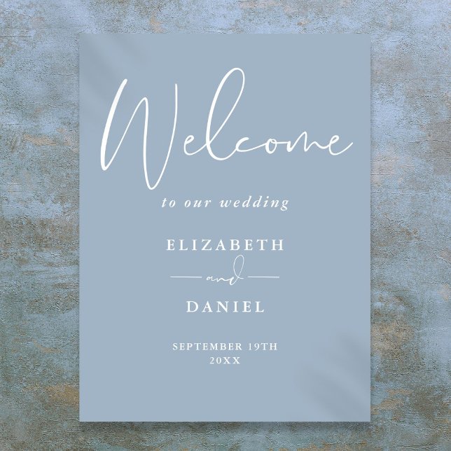 Poster Sinal de Boas-Vindas de Casamento Azul Poeira Mode (Elegant Modern Dusty Blue Wedding Welcome Sign)