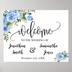 Poster Sinal de boas-vindas de casamento boho chic azul f