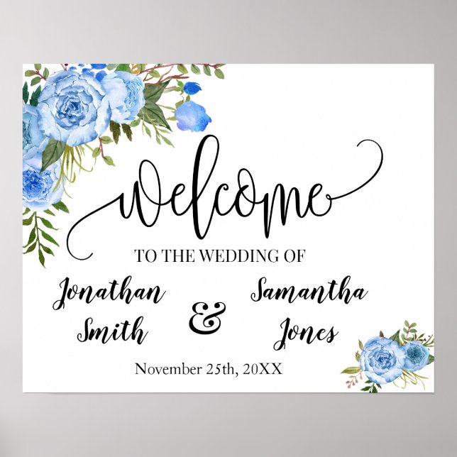 Poster Sinal de boas-vindas de casamento boho chic azul f (Frente)