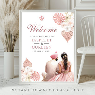 Poster Sinal de Boas-Vindas de Casamento Boho Pink Floral