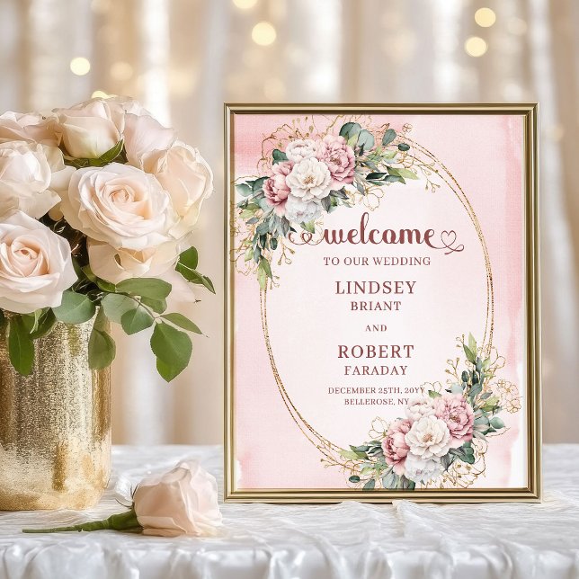 Poster Sinal de Boas-Vindas de Casamento Boho Rosa Empoei (Boho Wedding Welcome Dusty Pink Floral Gold)