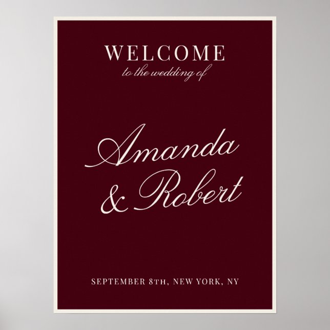 Poster Sinal de Boas-Vindas de Casamento Borgonha Dinheir (Frente)