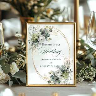 Poster Sinal de Boas-Vindas de Casamento Botânico em Aqua